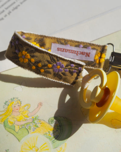 Pacifier Clip Brown with Yellow Flowers